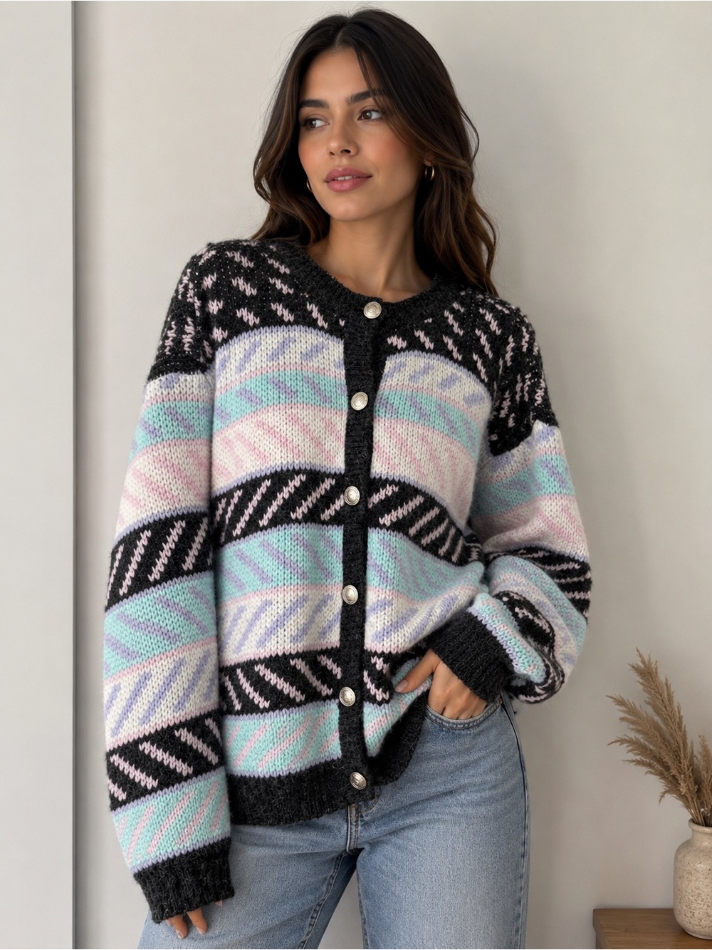 Paris Sport Club Vintage Pearl-Button Crewneck Knit Pastel Geometric Sweater M?
